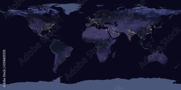 Fototapeta Equirectangular projection map of the night side of the Earth with city lights. Elements of this image furnished by NASA