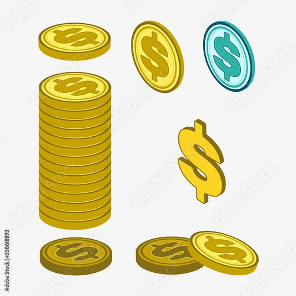 Fototapeta Set of dollar coins in yellow and green on a white background. Separate coins and stack. Vector illustration