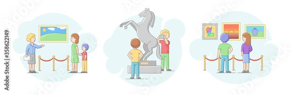 Fototapeta Modern Art Concept. Group Of People Visit Art Gallery, Admire Of Exhibition. People Examine Creative Artworks, Art Objects And Museum Exhibit. Cartoon Linear Outline Flat Style. Vector Illustration