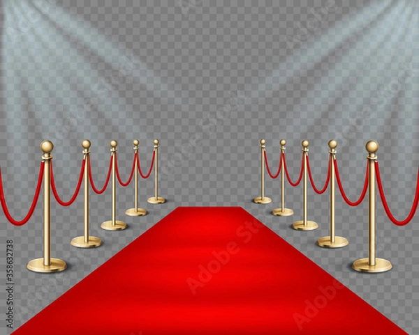 Obraz Vector illustration Red event carpet and golden barriers with lights projectors. Realistic illustration in transparent background. Red carpet event design element