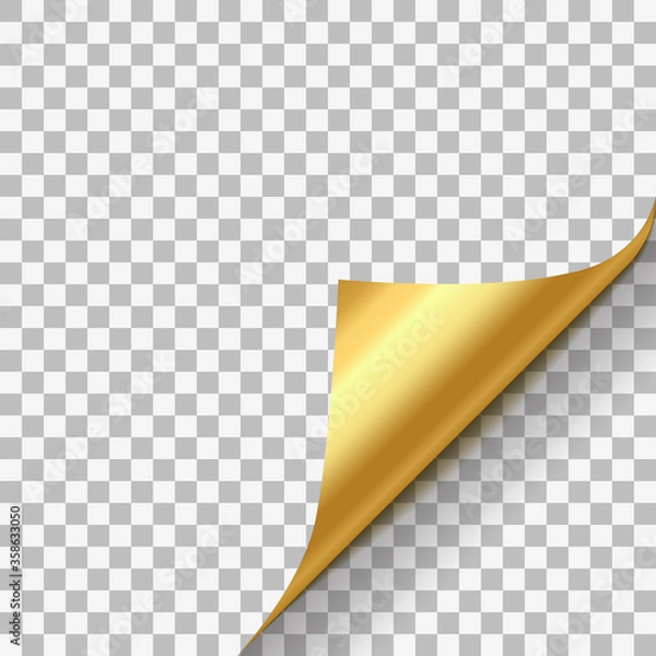 Fototapeta Page curl with shadow on blank sheet of paper. Gold yellow metallic paper sticker. Element for advertising message isolated on transparent background. Vector illustration for your design and business.