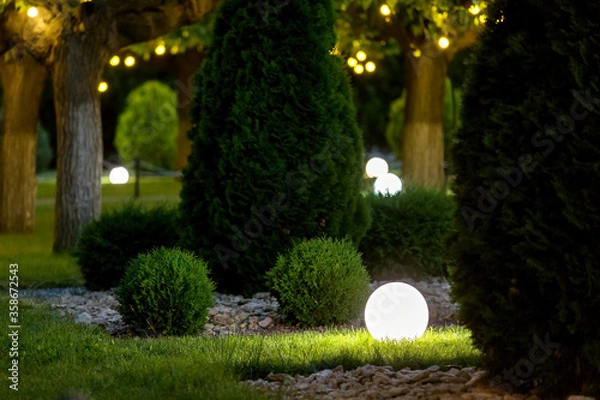 Fototapeta backyard light garden with lantern electric lamp with a round diffuser in the green grass with thuja bushes in a park with landscaping, closeup night scene nobody.