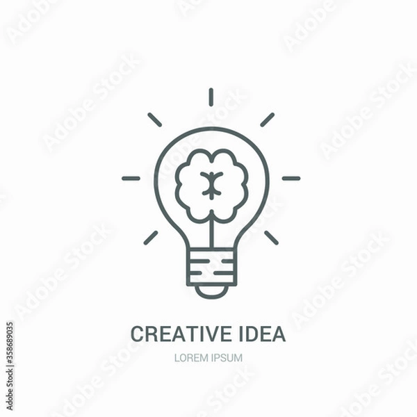 Fototapeta Creative idea flat line icon. Brain in lightbulb vector illustration. Thin sign of innovation, solution, education logo.