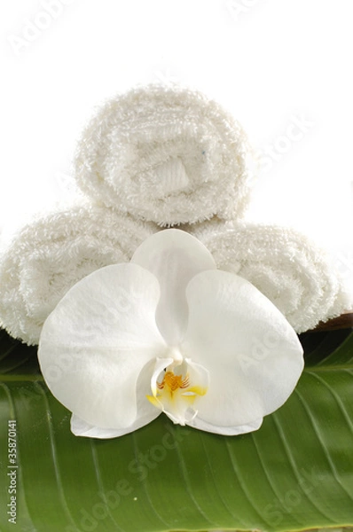 Fototapeta White orchid flower and towels on banana leaf