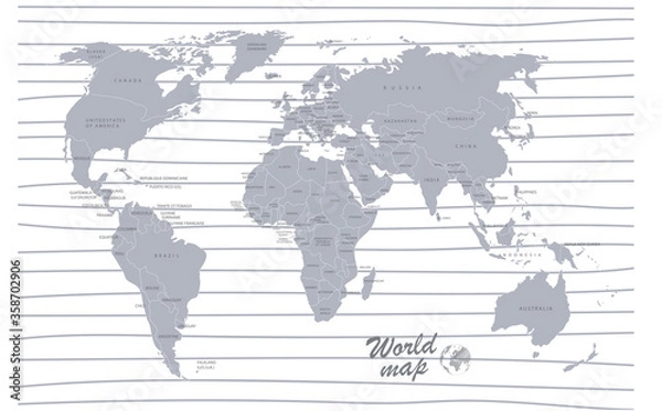 Fototapeta World map paper. Political map of the world on a gray background.