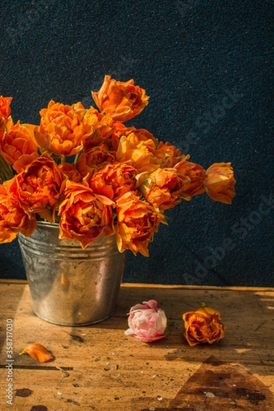 Fototapeta bucket of orange tulips on a wooden table on a dark background