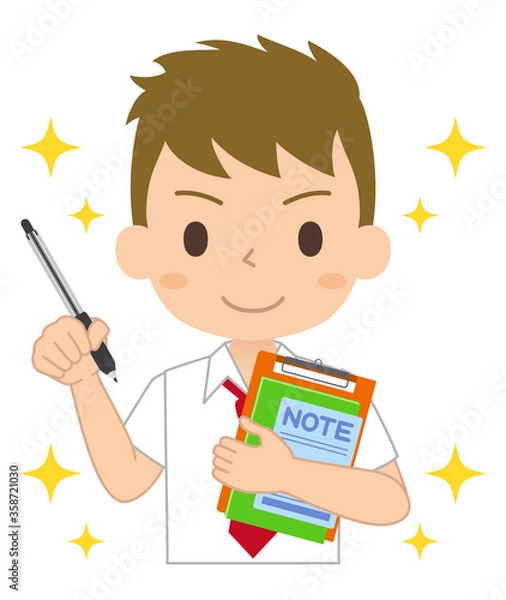 Obraz ペンとノートを持ってやる気満々の男子学生
