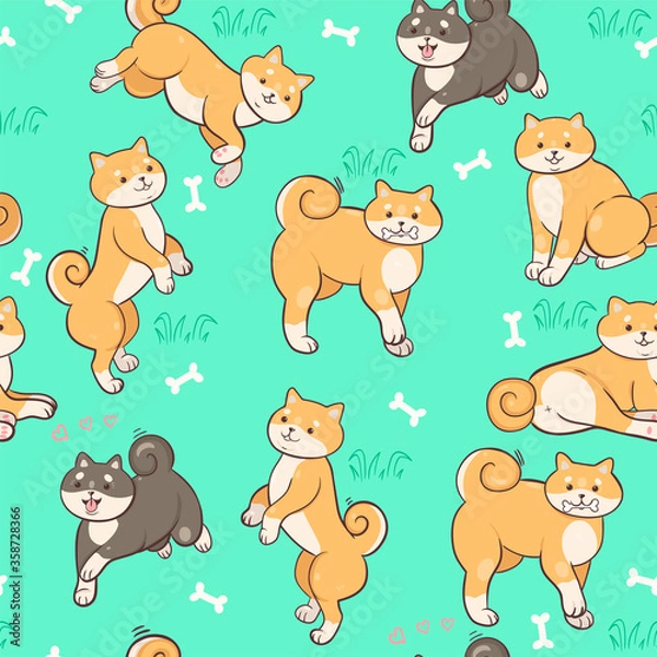 Fototapeta Seamless pattern with shiba inu on a green background. Vector graphics.