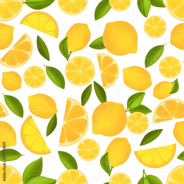 Fototapeta ummer pattern with lemons and leaves. Seamless texture design. Juicy orange with slice and leaves. Fresh citrus fruits whole and halves.