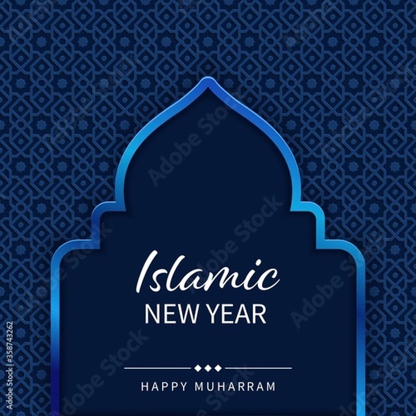 Fototapeta Flat Islamic new year Muharram background template with silhouette of mosque in blue color