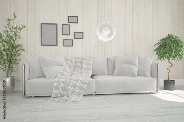 Fototapeta modern room with sofa,pillows,plants,frames and clock interior design. 3D illustration