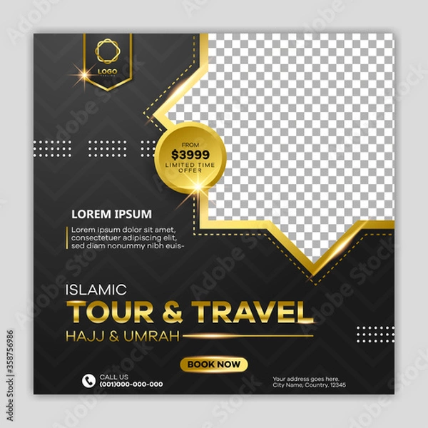 Obraz Luxury of islamic tour and travel social media template design. hajj and umrah promotion design in black and gold color. 