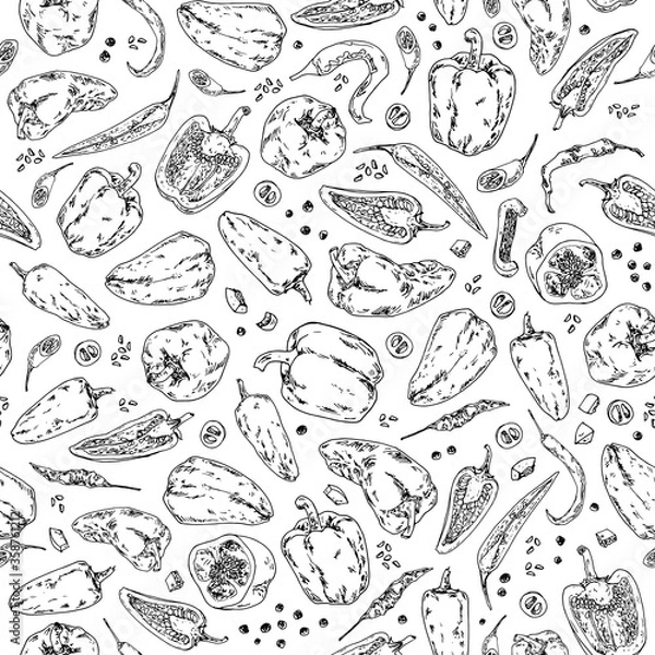 Fototapeta Hand drawn sketch style pepper seamless. Bell pepper, chilli, peppercorn, cayenne pepper, chopped pepper. Vector background. 