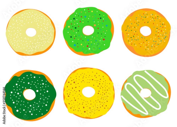 Fototapeta Set of green and yellow donuts with chocolate icing and crumbs food vector illustration.