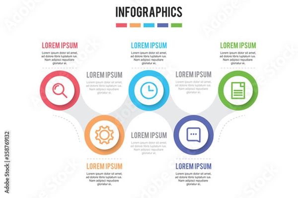 Fototapeta colorful timeline infographic with 5 steps design template, Infographics management, finance, analytics, presentation. vector illustration