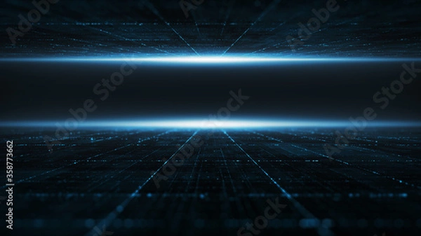 Fototapeta Abstract Digital cyber space particles perspective grid floor ground with flare matrix background. Futuristic big data information technology concept	
