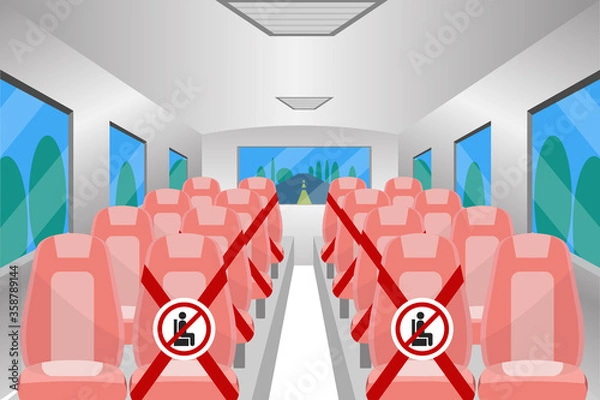 Fototapeta Social distancing chair space inside bus,  for protect pandemic of virus Covid-19, COVID-19 Quarantine. Pandemic Coronavirus Reducing risk of infection, New normal concept.