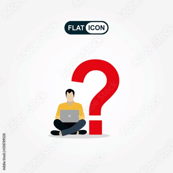 Fototapeta Young man sitting near big question symbol and texting to live chat using smartphone, asking for help via internet. Flat line vector illustration of online
