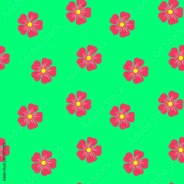 Fototapeta Seamless vector floral pattern. Bright pink mallows, roses, hibiscus, flowers on a light green background. Perfect for summer collection of textile, clothes, package, wrapping paper design.
