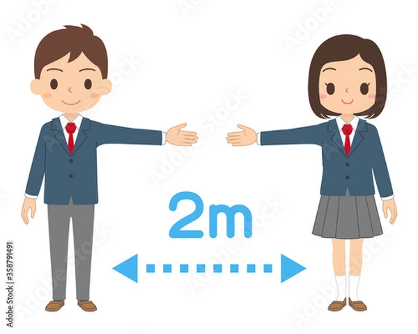 Fototapeta 感染予防のために手を広げて2mのソーシャルディスタンスを取る学生
