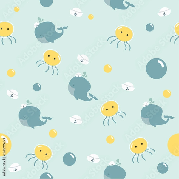 Fototapeta Cute little whale with jellyfish pattern