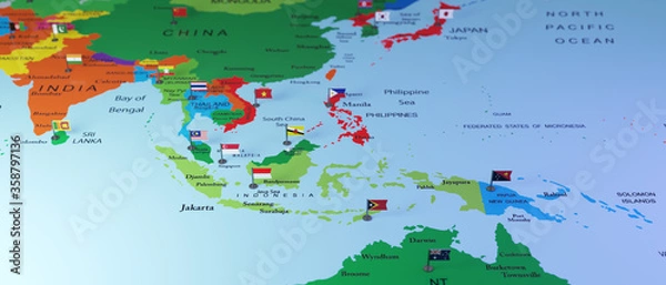 Fototapeta 3d render realistic aia pacific map with flangs. Abstract theme for trendy designs.