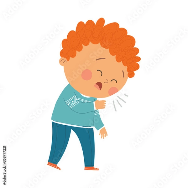 Obraz Cute Boy Coughing. Cartoon hand drawn10 illustration isolated on white background in a flat style.