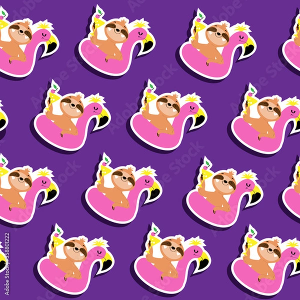 Obraz Beautiful summer sloth on a pink flamingo holds a cocktail seamless pattern on a purple contrasting background. Concept summer