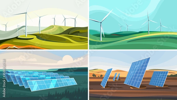 Fototapeta Set of landscapes with wind farms and solar panels. Alternative energy.
