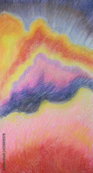 Obraz Sunset sky and colored clouds in the sun hand drawn pastel illustration.