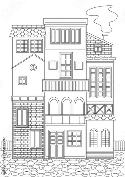 Fototapeta Coloring page with cute multi-tiered houses as a concept of European architecture, outline vector stock illustration for print in coloring