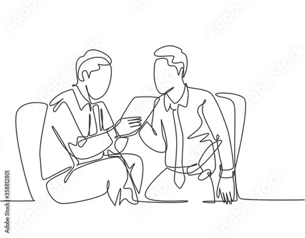 Fototapeta One continuous line drawing of young marketing manager presenting new strategy to growing product sales to company CEO. Business meeting concept single line draw design vector graphic illustration
