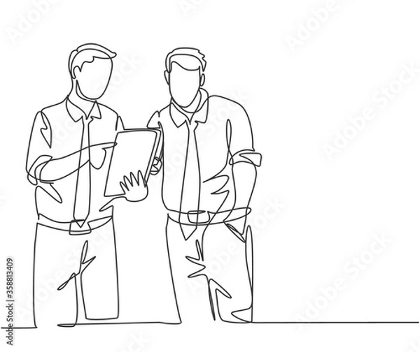 Fototapeta One continuous line drawing of young employee talking to his colleague discussing new company project during meeting. Office talk concept. Trendy single line draw design vector graphic illustration