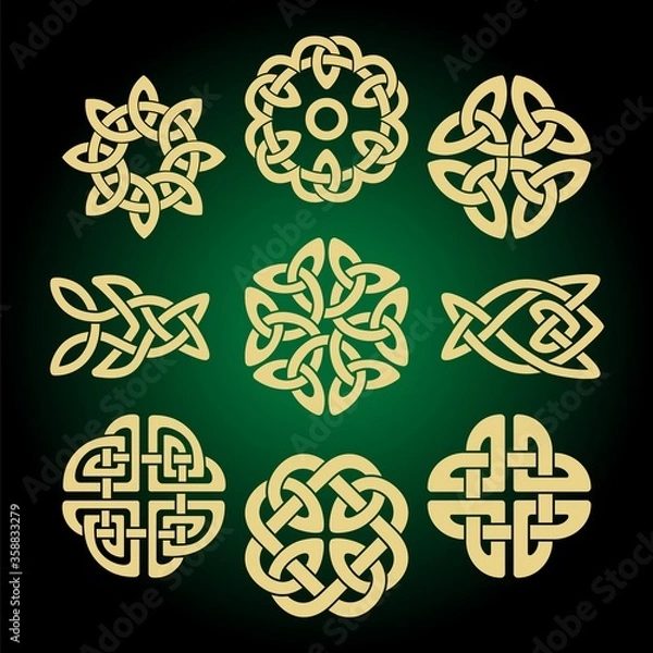 Fototapeta Various celtic knots, goidelic frames, vector illustration. Simple knotwork designs on dark background.