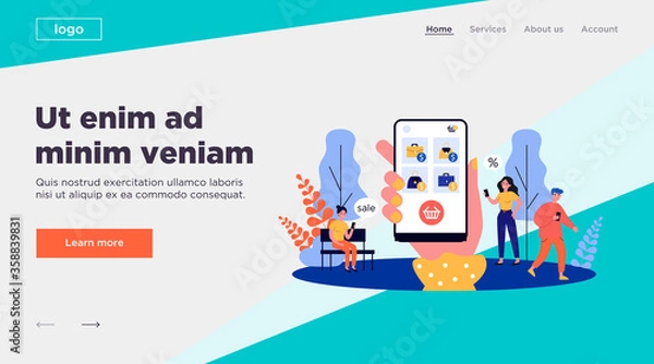 Fototapeta Customers using mobile phone for online shopping. Shoppers buying goods on internet store website. Can be used for communication, ecommerce, sale, purchase, consumerism concept