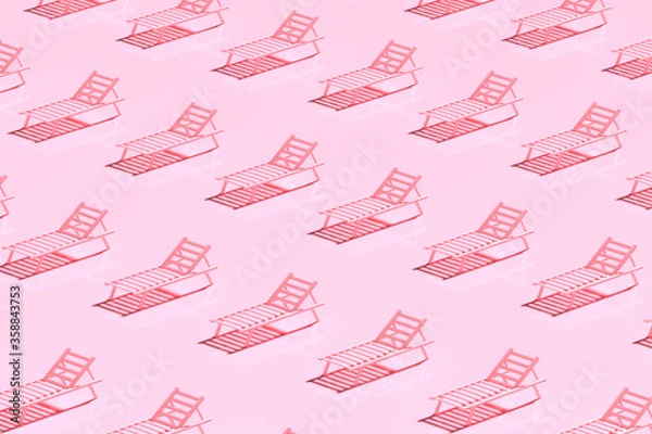Obraz 3d render. Pattern of sunbeds in pink monochrome colors. Minimalistic style, aesthetic and surrealism. Summer vacation vibes