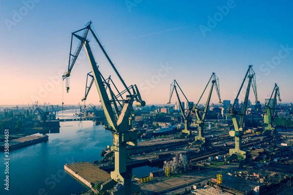 Obraz Gdansk Harbor Aerial View. Cranes at the famous shipyard of Gdansk, Pomerania, Poland.