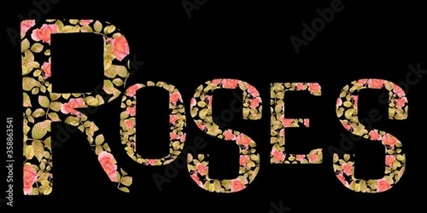 Fototapeta Lettering - Roses, letters of roses for invitations, prints on clothes and original design posters, a set of letters on a black background