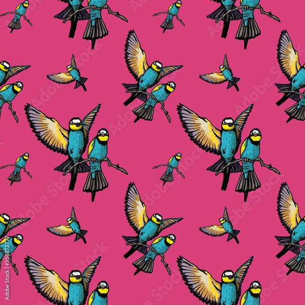 Fototapeta Seamless pattern pink background tropics birds