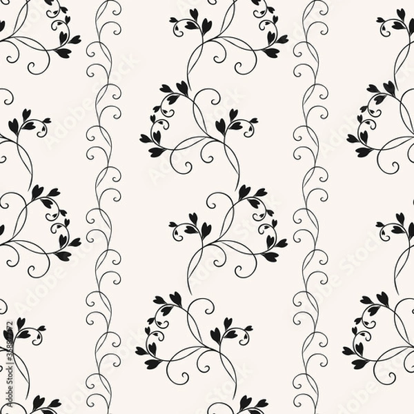 Fototapeta Simple vector floral seamless pattern. Black and white ornament with small leaves, curved branches, twigs. Abstract monochrome vintage background. Minimal repeat design for wallpapers, carpet, fabric