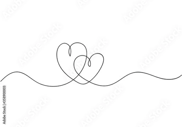 Fototapeta Continuous line drawing of love sign with two hearts embrace minimalism design on white background. EPS 10