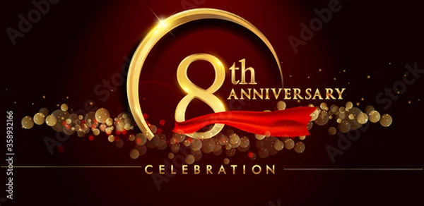 Fototapeta 8th anniversary logo with golden ring, confetti and red ribbon isolated on elegant black background, sparkle, vector design for greeting card and invitation card