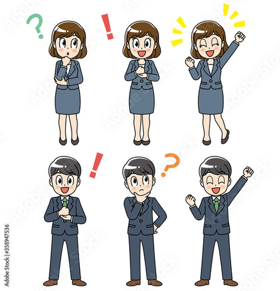 Obraz スーツ　男女　ビジネス　バリエーション　セット　男性　女性　立ち姿　ポーズ　仕草　ジェスチャー　複数　起立　リクルート　全身　疑問　解決　手を上げる　悩む　考える　喜ぶ　　20代　30代　女　社会人　社員　スタッフ　ビジネスウーマン　ビジネスマン　会社員　職業　働く　働く人　ビジネスパーソン　キャリアウーマン　スーツスタイル　スーツ姿　マンガ　まんが　漫画　キャラクター　かわいい