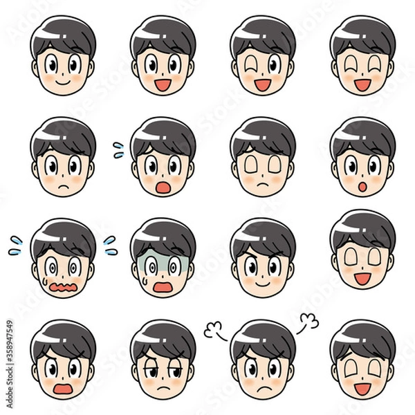 Obraz 男性　顔　喜怒哀楽　バリエーション　表情　セット　笑顔　笑う　ウインク　困る　冷や汗　目を閉じる　驚く　びっくり　焦る　真っ青　怒る　呆れる　安心　青ざめる　疑う　20代　30代　男　社会人　社員　スタッフ　ビジネスマン　会社員　職業　働く　学生　学校　アニメ　マンガ　まんが　漫画　キャラクター　かわいい　