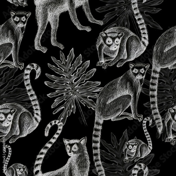 Fototapeta lemurs pattern drawing silhouette tropical animals isolate object black background primacy