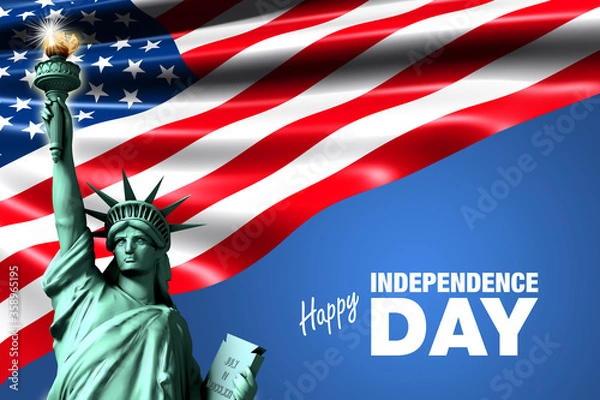 Obraz Illustration created with 3d rendering, celebrating Independence Day, with the Statue of Liberty on the back of the Stars and Stripes