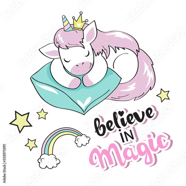 Obraz Cute sleeping unicorn on a white background. Vector illustration of funny animals isolated. Beautiful card for girls