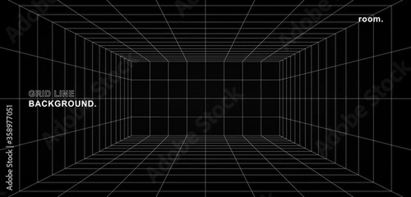 Fototapeta Empty futuristic digital wall box grey-black background with white grid space line color surface. Network cyber technology. banner, cover, terrain, sci-fi, wireframe, and related to background.