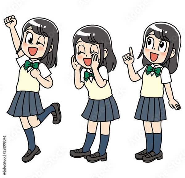 Obraz 高校生　女子　女子高生　手を上げる　ポイント　指差し　声をかける　手を添える　応援　表情　セット　バリエーション　複数　ポーズ　仕草　ジェスチャー　制服　学生　中学生　中高生　生徒　教育　学校　スクール　授業　学習　勉強　予備校　塾　試験　受験生　受験　夏期講習　夏服　10代　学生服　
半袖　かわいい　若い　女子　女の子　女性　女子学生　アニメ　マンガ　まんが　漫画　キャラクター　
