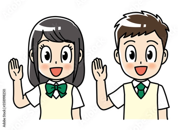Obraz 高校生　男女　セット　手を上げる　中学生　制服　学生　中高生　生徒　はい　答える　意見　教育　学校　スクール　授業　学習　勉強　予備校　塾　試験　受験生　受験　夏期講習　夏服　10代　学生服　半袖　かわいい　若い　男　女　男の子　女服　男子学生　女子学生　男性　女性　アニメ　マンガ　まんが　漫画　キャラクター　元気　manga